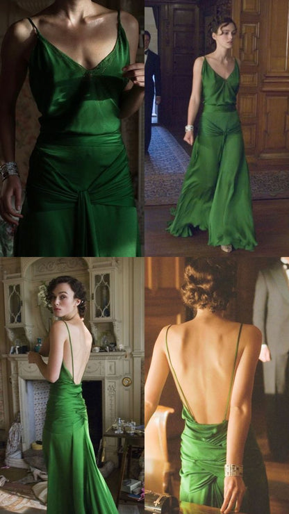 Classic A Line Spaghetti Strap Green Satin Long Prom Dress Evening Dress SH2349