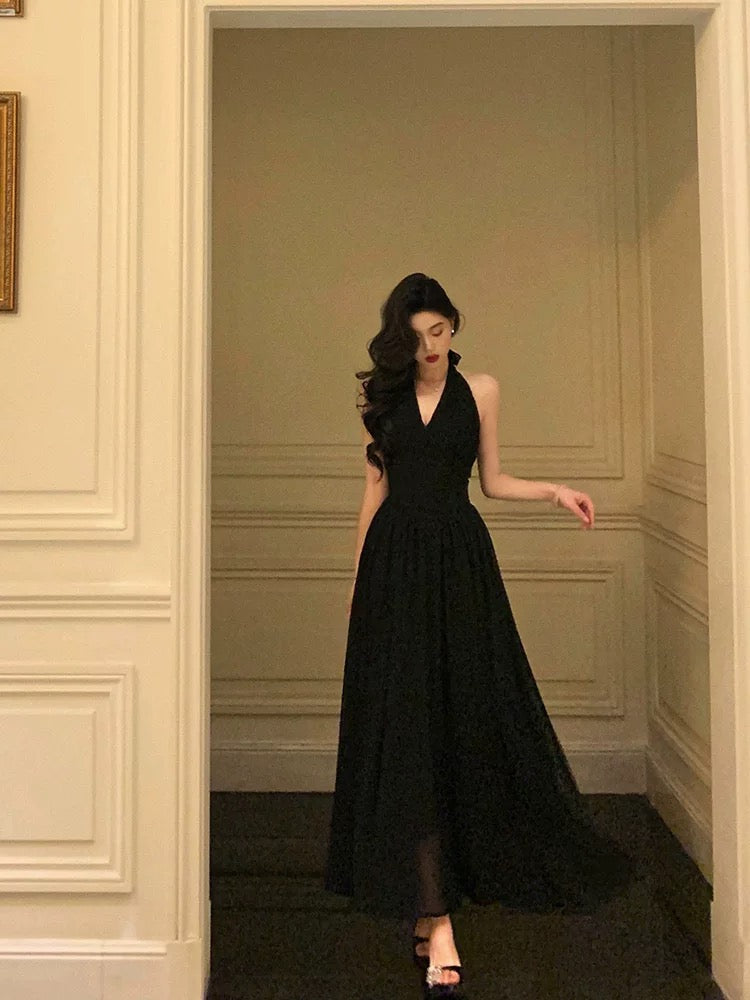 Sexy A Line Halter Black Sleeveless Prom Dresses Party Dress Summer Birthday Outfits 18th Birthday Dresses W819