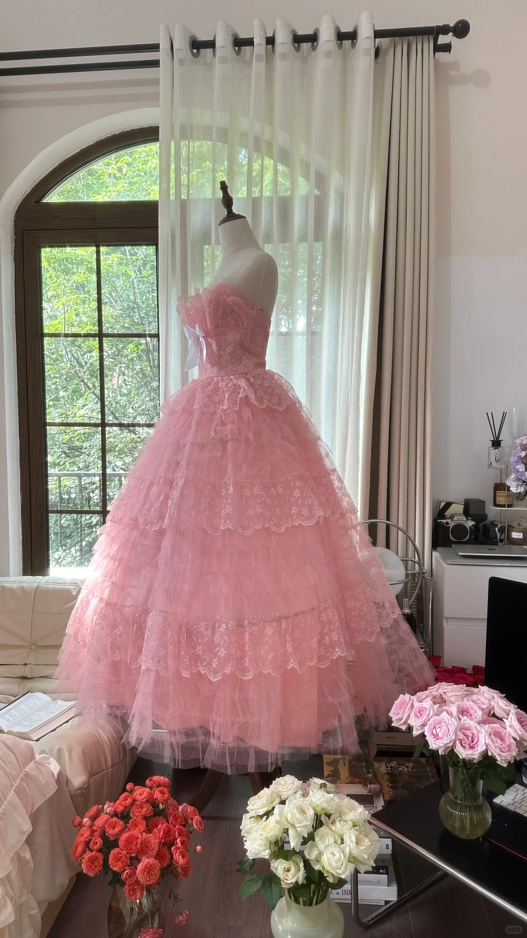 Pink sweet fashion elegant exquisite lace bow long tulle lace princess ball gown evening dress birthday dress adult ceremony dress gh4033