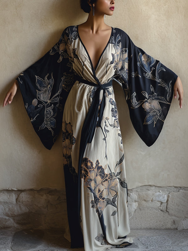 Black Cotton And Linen Printed Robe Dress
