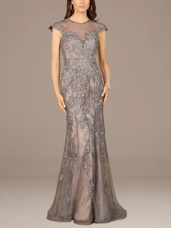 Round Neck Lace Solid Color Maxi Dress