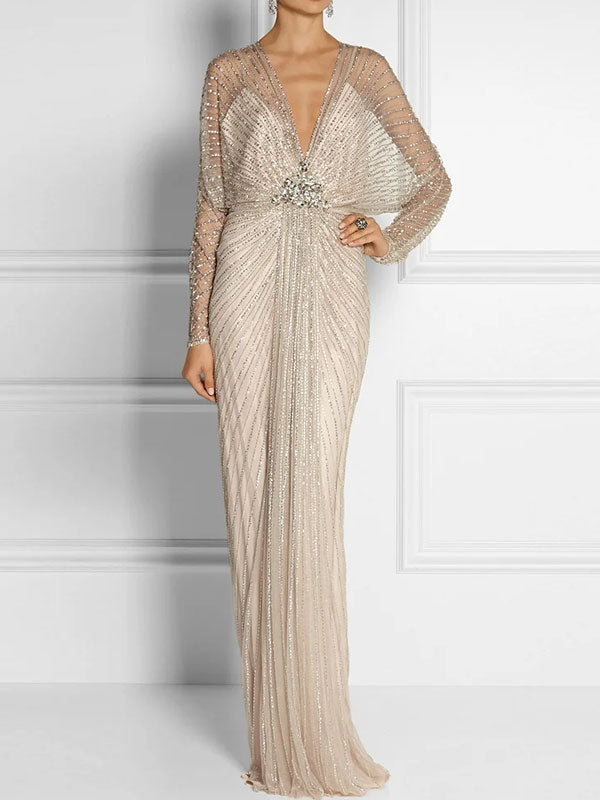 Beaded Deep V Temperament Elegant Women's Dress