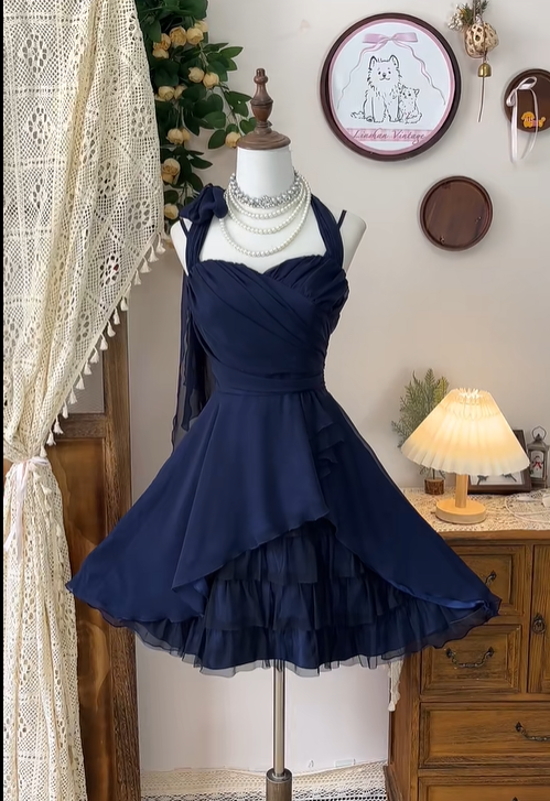 Vintage Navy Blue Chiffon A Line Homecoming Dress Cocktail Dress Mini Birthday Outfits S327