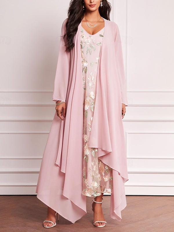 Lace Chiffon Print 3/4 Long Sleeve Dress Set