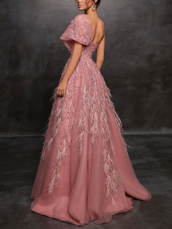 Pink Feather Temperament Women's Dress