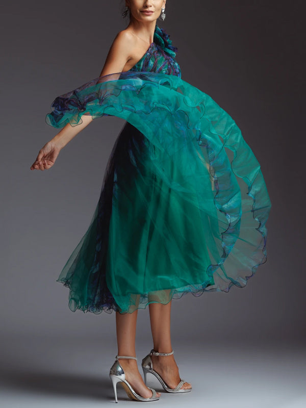 Off-shoulder Mesh Print Midi Dress