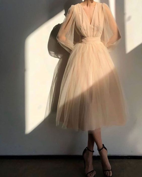 Graduation dress Short A Line Prom Dresses V Neck Long Puff Sleeve Tulle Formal Wedding Evening Party Dresses For Graduation    fg2856