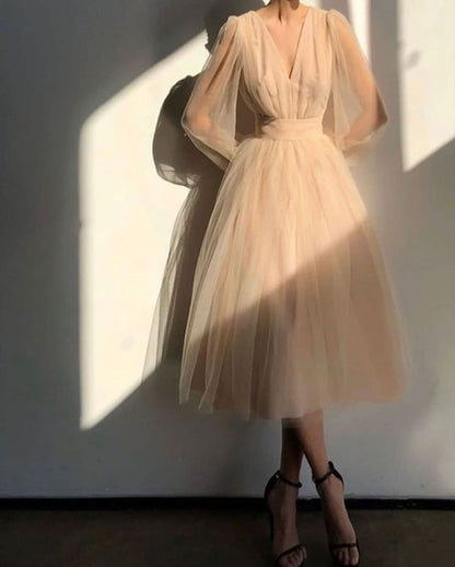 Graduation dress Short A Line Prom Dresses V Neck Long Puff Sleeve Tulle Formal Wedding Evening Party Dresses For Graduation    fg2856