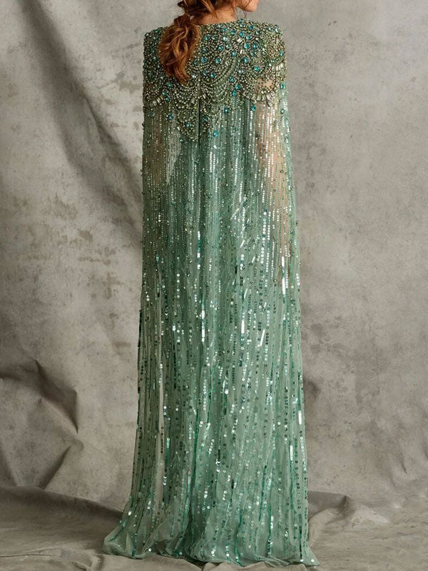 Deep V Beading Cape Sleeve Dress