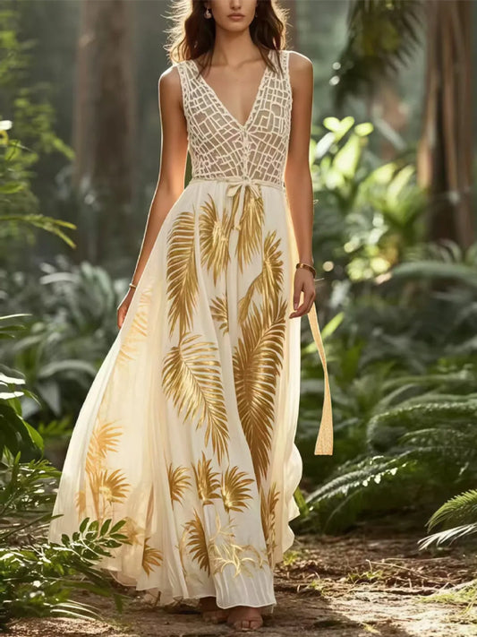 Gold Print Oversized Hem Chiffon Dress