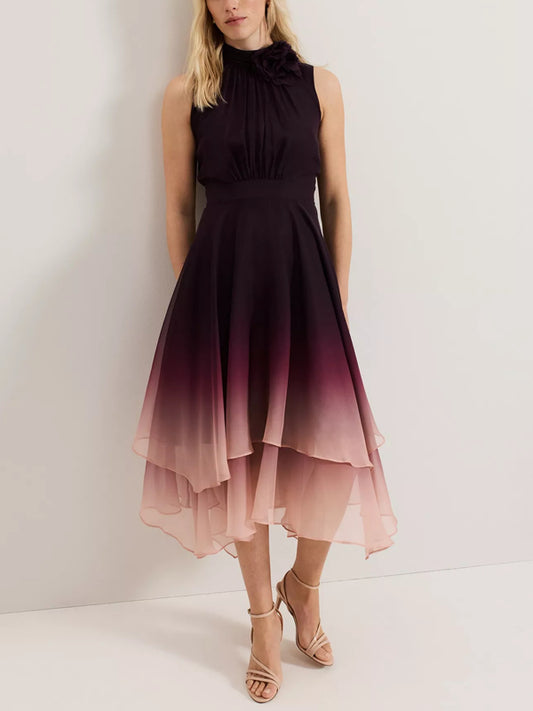 Gradient Pleated Chiffon Sleeveless Women's Dress