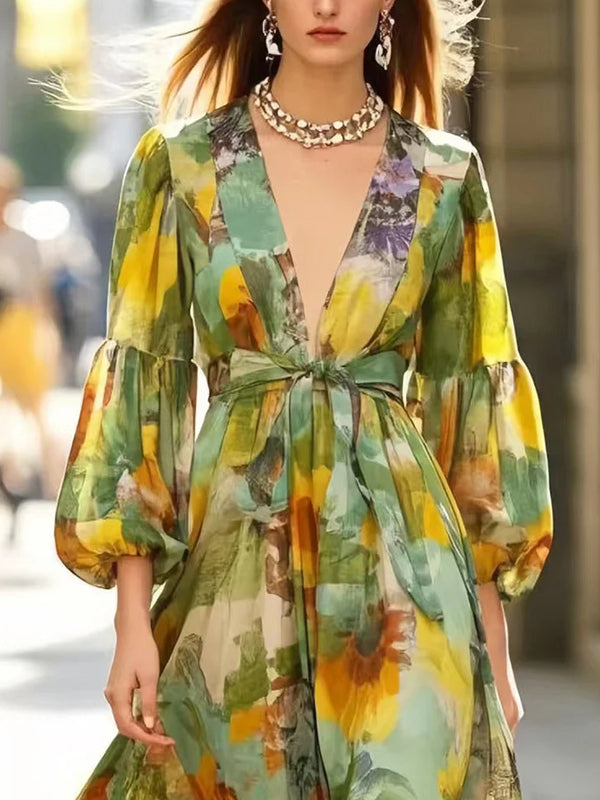 V-neck Chiffon Print Maxi Dress