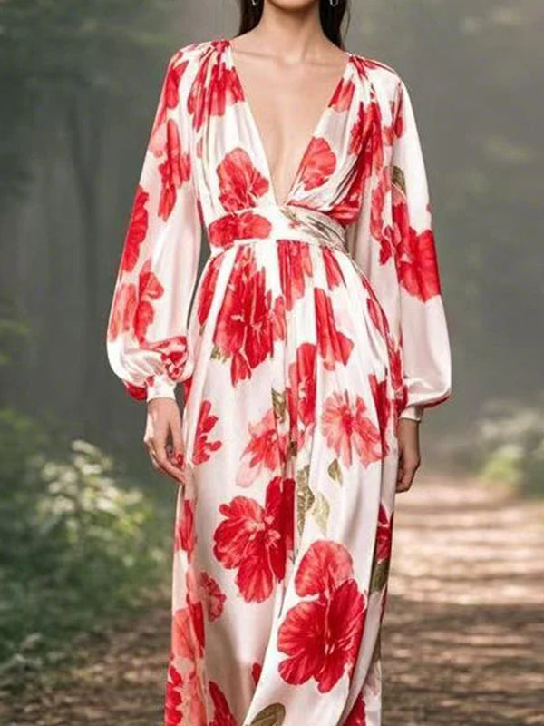 V-neck Chiffon Print Ladies Dress