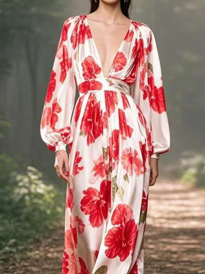 V-neck Chiffon Print Ladies Dress