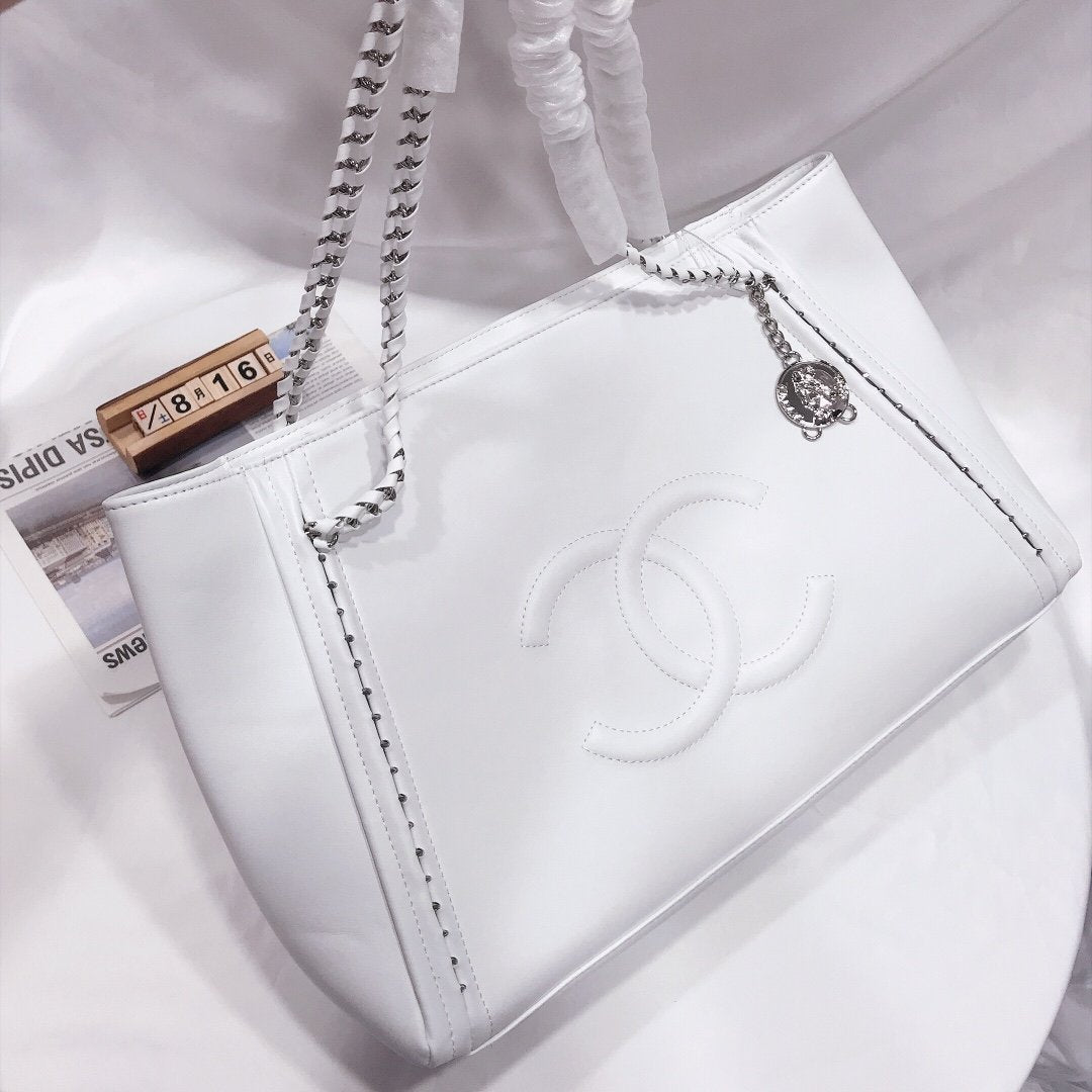 CHANEL CAVIAR MEDIUM STUDDED DEAUVILLE WHITE