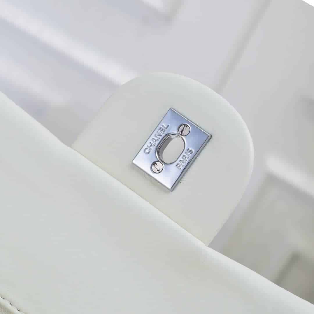 CHANEL CLASSIC DOUBLE FLAP BAG WHITE SILVER HARDWARE 25CM