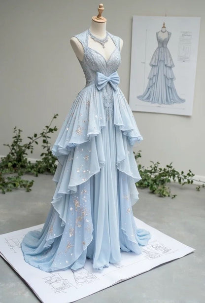 Blue sweet aesthetic Rococo style long tulle ruffled ball gown evening dress gh4729