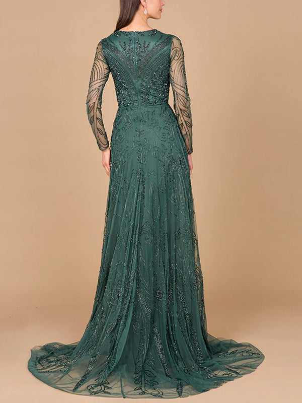 V-neck Sequined Lace Long Sleeves Maxi Dress