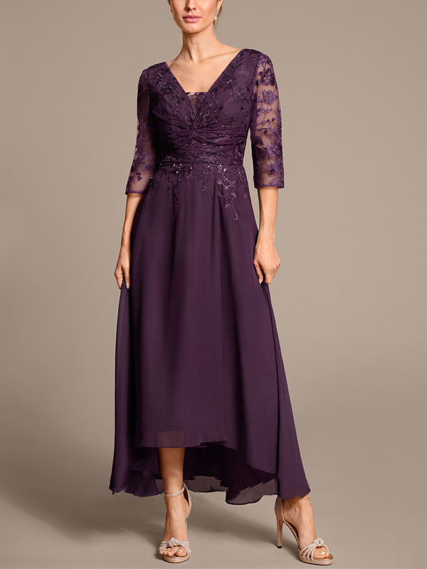 V-neck Chiffon Lace Solid Color Midi Dress