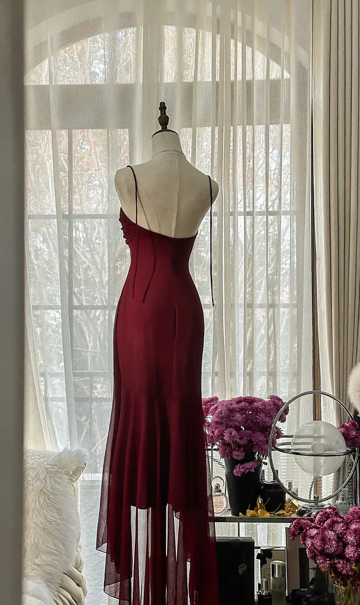 Burgundy Mermaid Halter Rhinestone Ruffle Chiffon Prom Dress Graduation Prom Dress SH2527