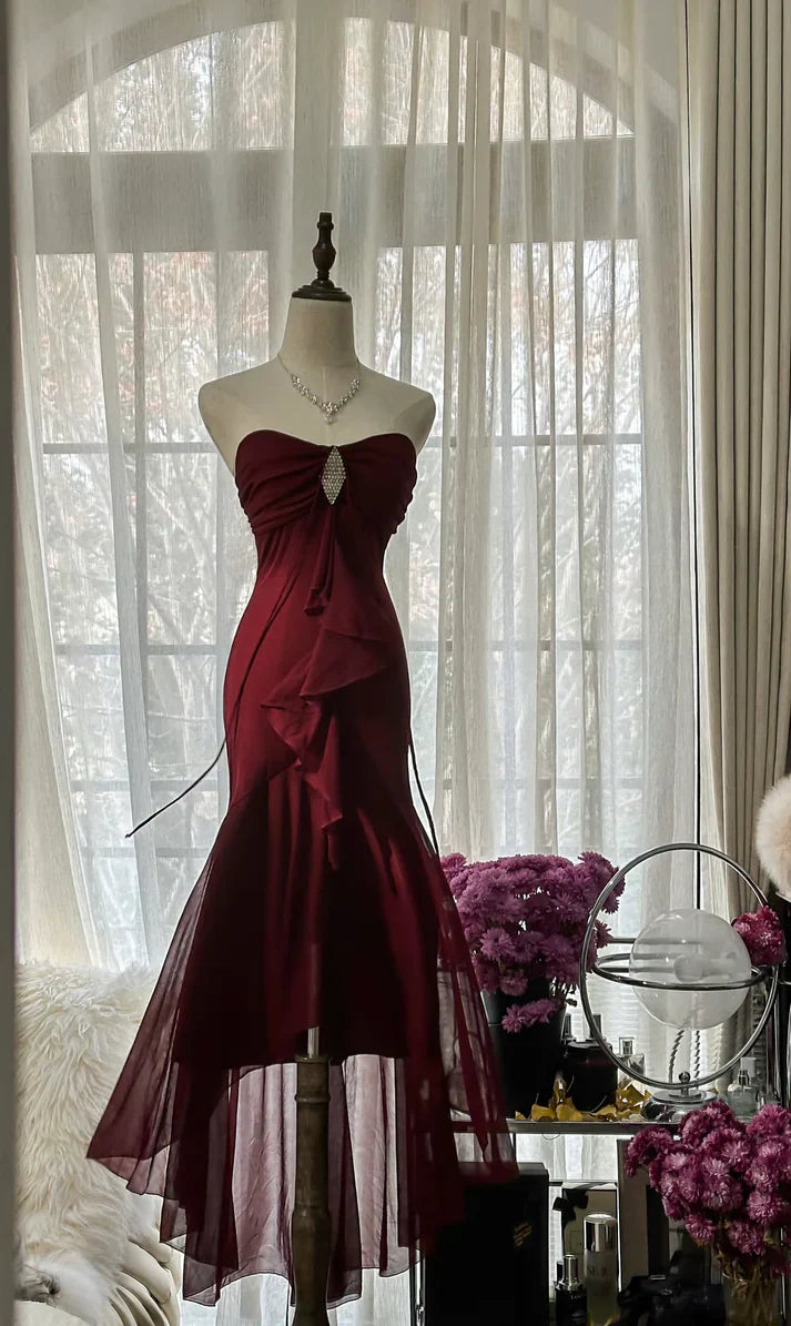 Burgundy Mermaid Halter Rhinestone Ruffle Chiffon Prom Dress Graduation Prom Dress SH2527