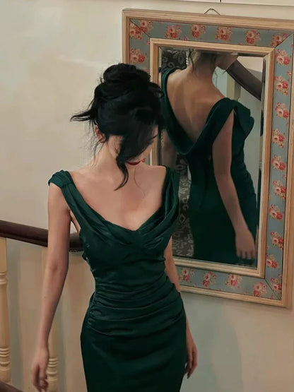 Charming Sheath Strap Green Satin Prom Dress Graduation Prom Dress SH2620