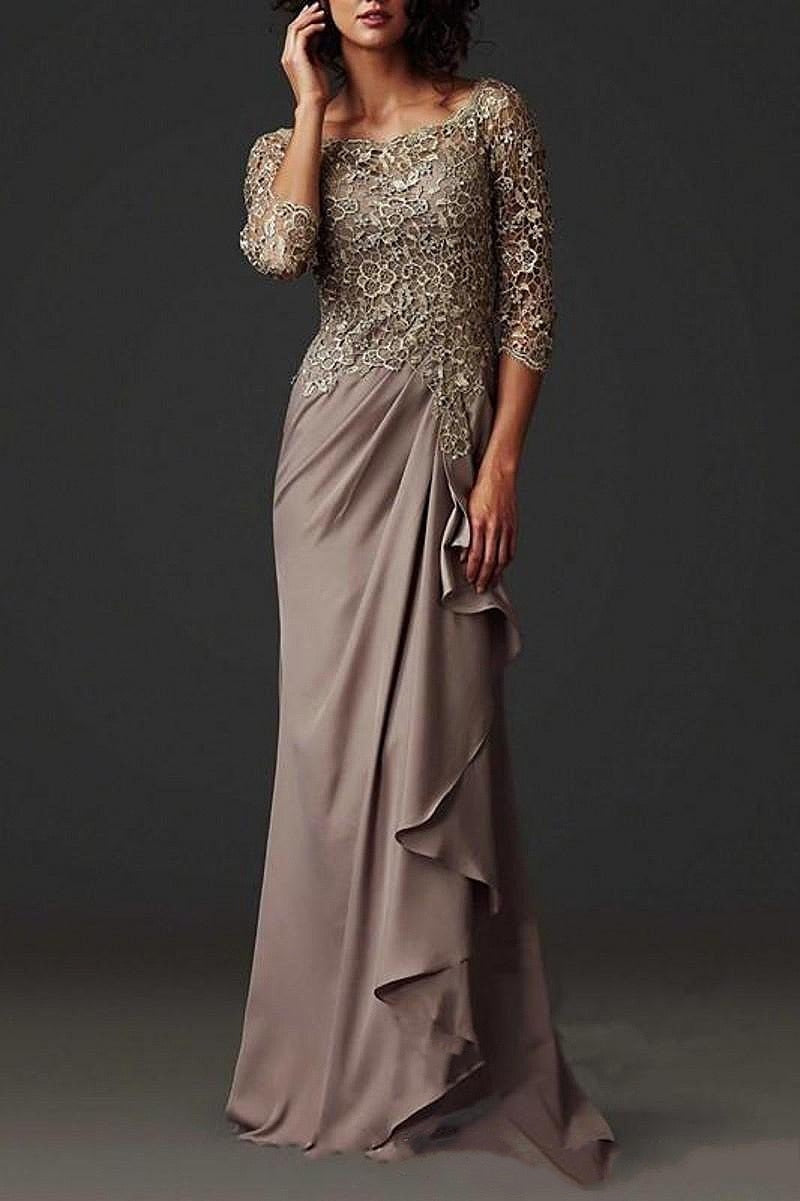 loveedsTM- Brown Mother Of The Bride Dresses O-Neck 3/4 Sleeves Pleat Chiffon Appliqued Lace Formal Party Groom Mother Evening Gowns