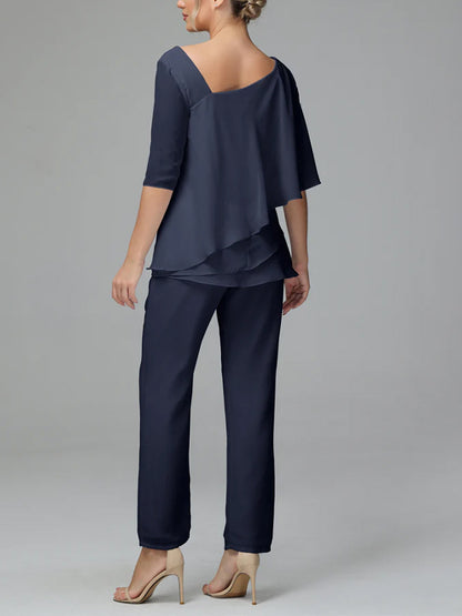 Half Sleeve Chiffon Mother of the Bride Dress Pants Suit
