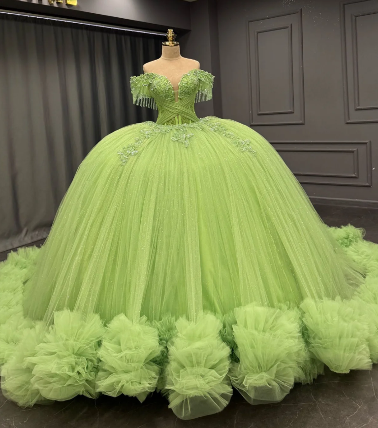Romantic Poofy Off the Shoulder Beaded Green Tulle Ball Gown Quinceanera Dress SH3269