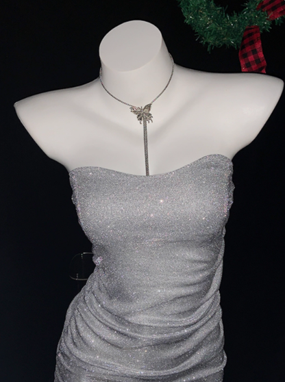 Glitter Silver Strapless Sheath Short Cocktail Dress Homecoming Dress S674