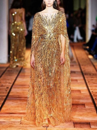 Sequined Mesh Cape Show Women's Gown
