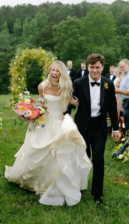 Simple Classic White A Line Strap Satin Tulle Long Prom Dress Wedding Dress SH3657