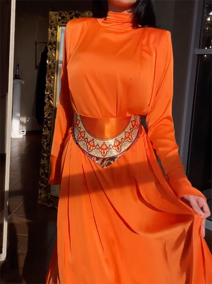 loveedsTM- Flared Sleeves Long Sleeves Solid Color High-Neck Maxi Dresses