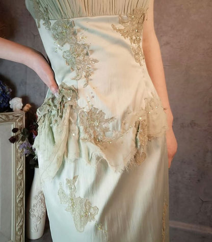 Gentle Green Sheath Spaghetti Strap Appliques Satin Chiffon Prom Dress Evening Dress SH2668