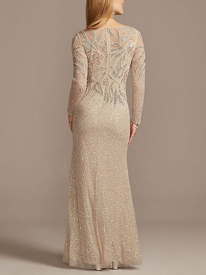 Beaded Scoopneck Illusion Long Sleeve Sheath Dress