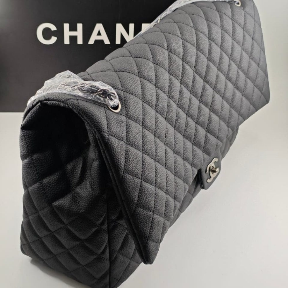 CHANEL XXL AIRLINE CLASSIC TRAVEL FLAP BAG CAVIAR LEATHER BLACK SILVER HARDWARE 46CM