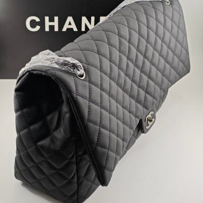 CHANEL XXL AIRLINE CLASSIC TRAVEL FLAP BAG CAVIAR LEATHER BLACK SILVER HARDWARE 46CM