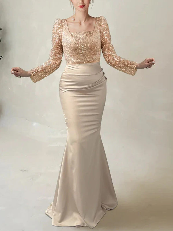 Square Collar Sequin Solid Color Maxi Dress