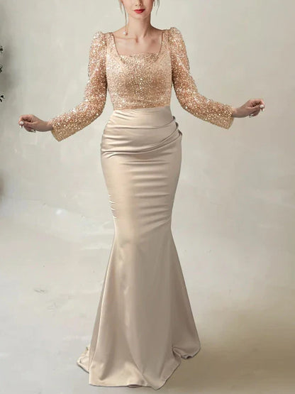 Square Collar Sequin Solid Color Maxi Dress