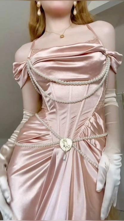 Pink vintage pearl beading long satin formal Prom dress evening dress party dress gh4899