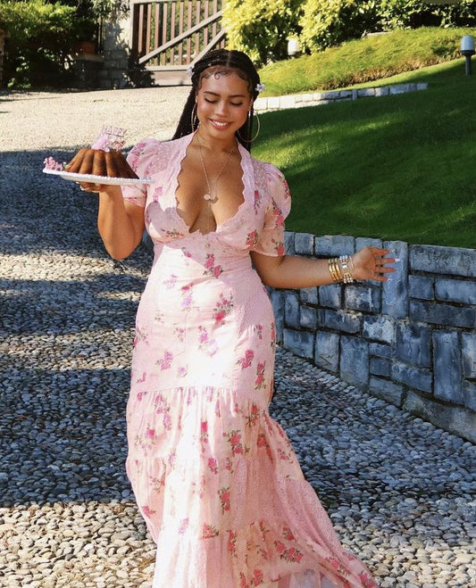 Cute A Line V Neck Print Flower Pink Lace Satin  Prom Dress Evening Dress SH2345