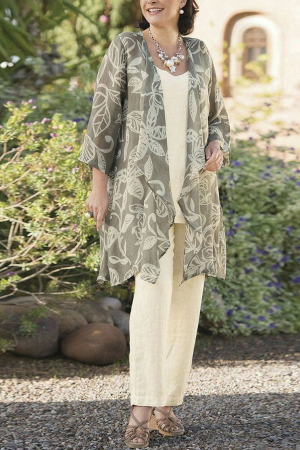 Cotton and Linen Printed Cardigan Three-piece Suits