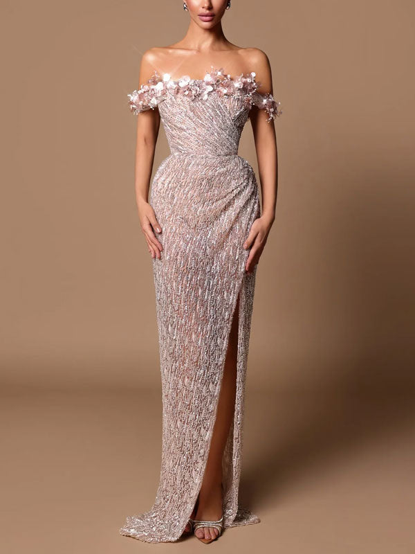 Floral Decoration High Slit Sequins Women's Dress