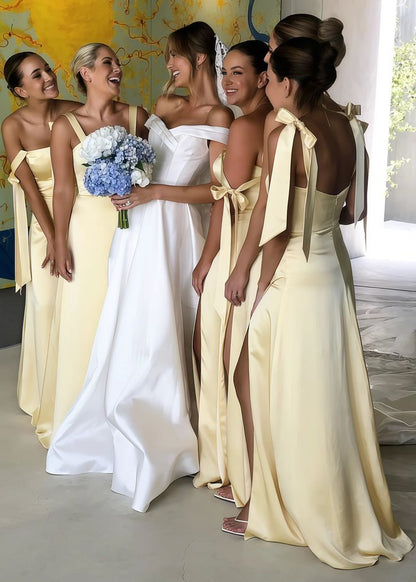 Cute A Line Spaghetti Strap Yellow Satin Evening Dress Bridesmaid Dress with Slit SH2701