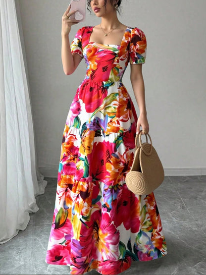 Square Neck Puff Sleeve Temperament Garden Women's Dress