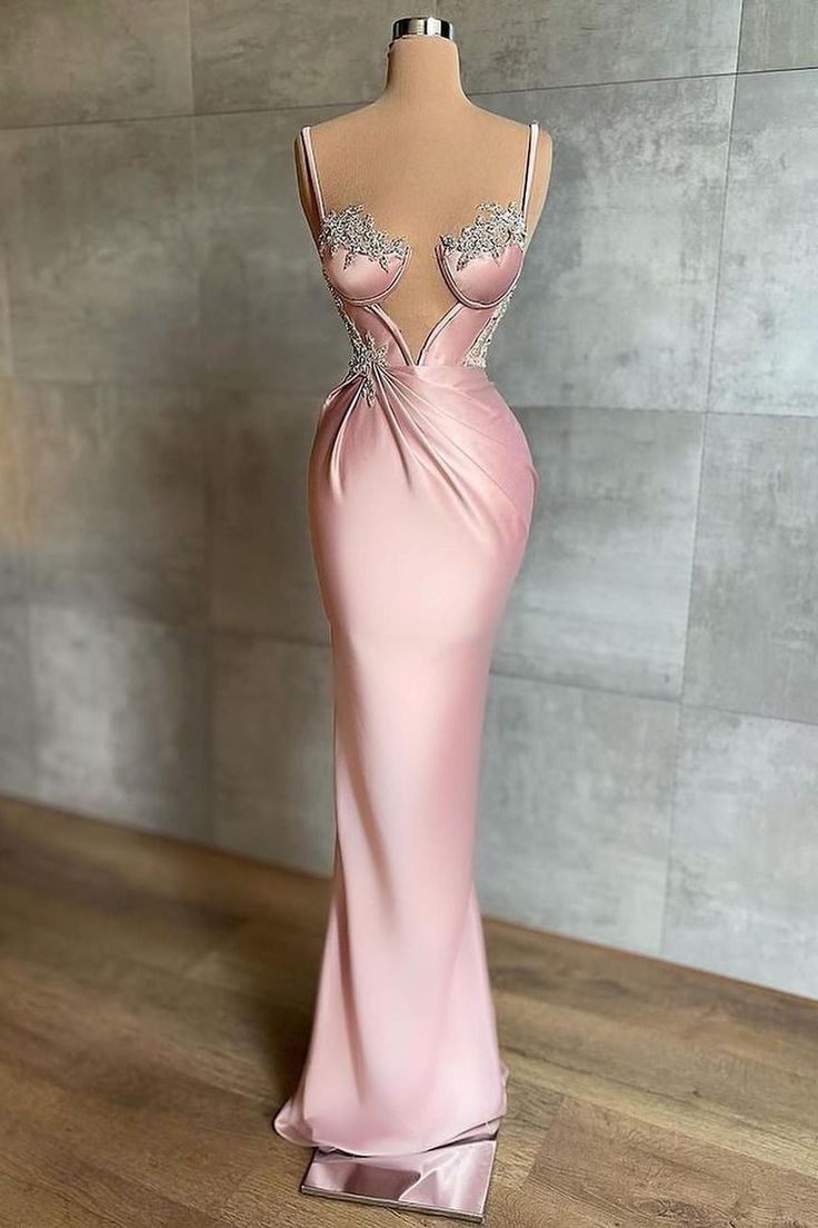 Pink Beaded Elegant Long Satin Ball Gown Evening Dress Party Dress gh5030
