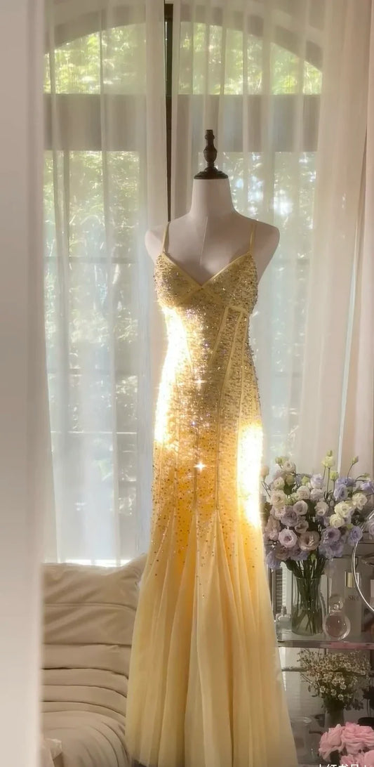 Cute A Line Spaghetti Strap Beaded Light Yellow Chiffon Prom Dress Graduation Prom Dress SH2516