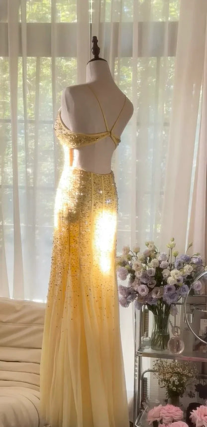 Cute A Line Spaghetti Strap Beaded Light Yellow Chiffon Prom Dress Graduation Prom Dress SH2516