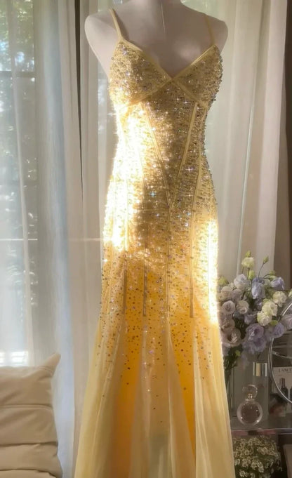 Cute A Line Spaghetti Strap Beaded Light Yellow Chiffon Prom Dress Graduation Prom Dress SH2516