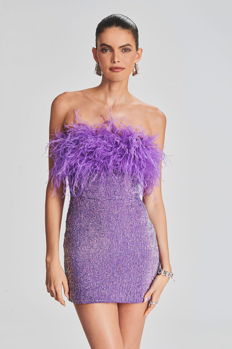 loveedsTM-Sexy backless ostrich feather fringed tube top evening dress